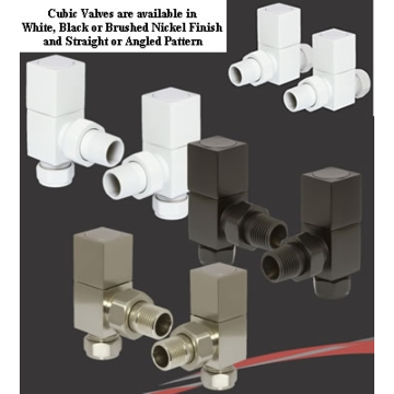 Cubic Square Radiator Valve Set in Matt Black, White or Brushed Nickel