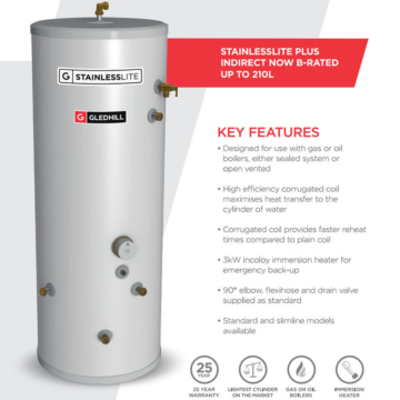 Gledhill StainlessLite Plus Slimline Indirect Unvented Cylinders