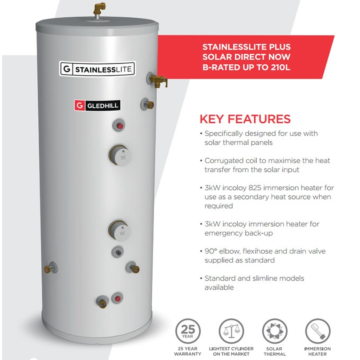 Gledhill StainlessLite Plus Slimline Solar Direct Unvented Cylinders