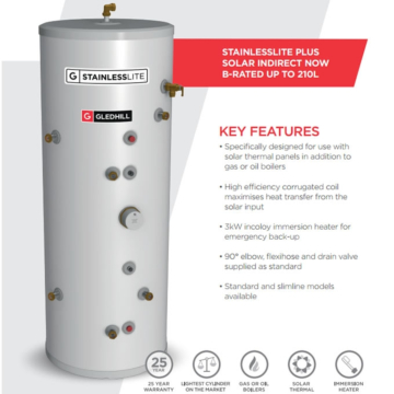 Gledhill StainlessLite Plus Slimline Solar Indirect Unvented Cylinders