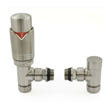 Realm Angled Satin Brushed Nickel TRV Radiator Valve and Lock-shield