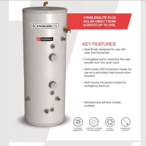 Gledhill Stainless Lite Plus Solar Direct Open Vented Cylinder